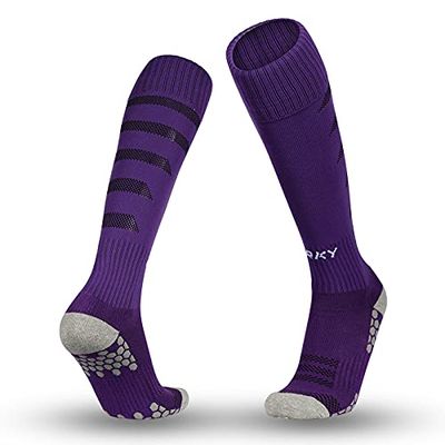 ORKY Soccer Socks for Kids Youth, Knee Length Thick Footbed Design, Women Sports Compression Sock (2 Pairs Pack Purple)