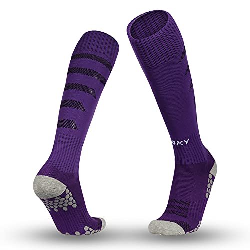 ORKY Soccer Socks for Kids Youth, Knee Length Thick Footbed Design, Women Sports Compression Sock (2 Pairs Pack Purple)