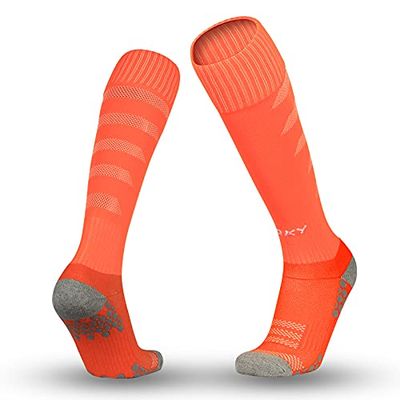 ORKY Soccer Socks for Kids Youth, Knee Length Thick Footbed Design, Women Sports Compression Sock (2 Pairs Pack Orange)