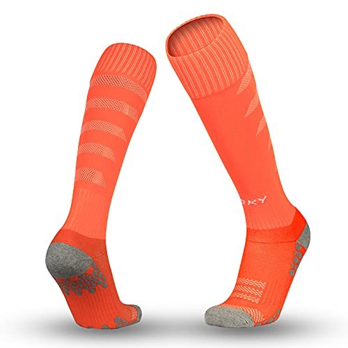 ORKY Soccer Socks for Kids Youth, Knee Length Thick Footbed Design, Women Sports Compression Sock (2 Pairs Pack Orange)
