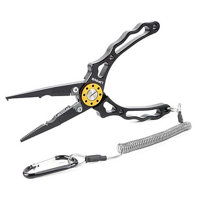 Aluminum Multitool Fishing Pliers with Hook Remover Lead Pressing Thread Cutting Split Ring and Lanyard (Black)