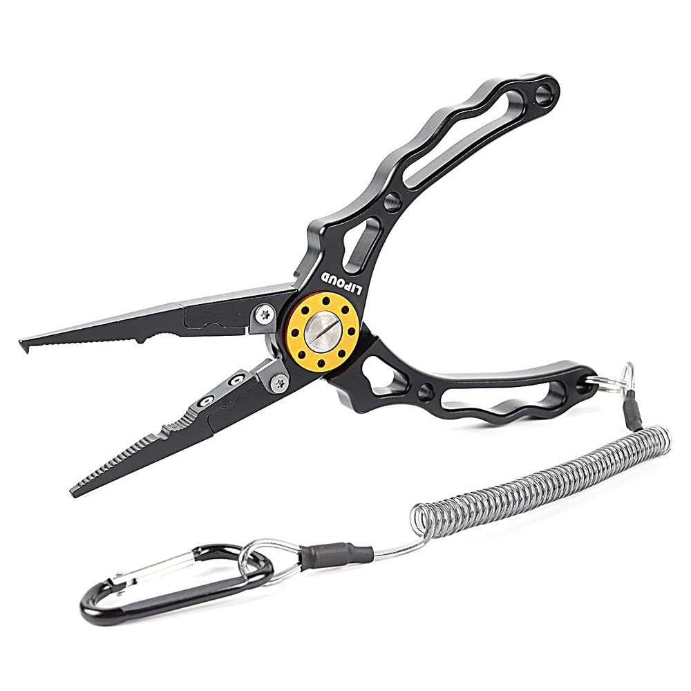 Aluminum Multitool Fishing Pliers with Hook Remover Lead Pressing Thread Cutting Split Ring and Lanyard (Black)