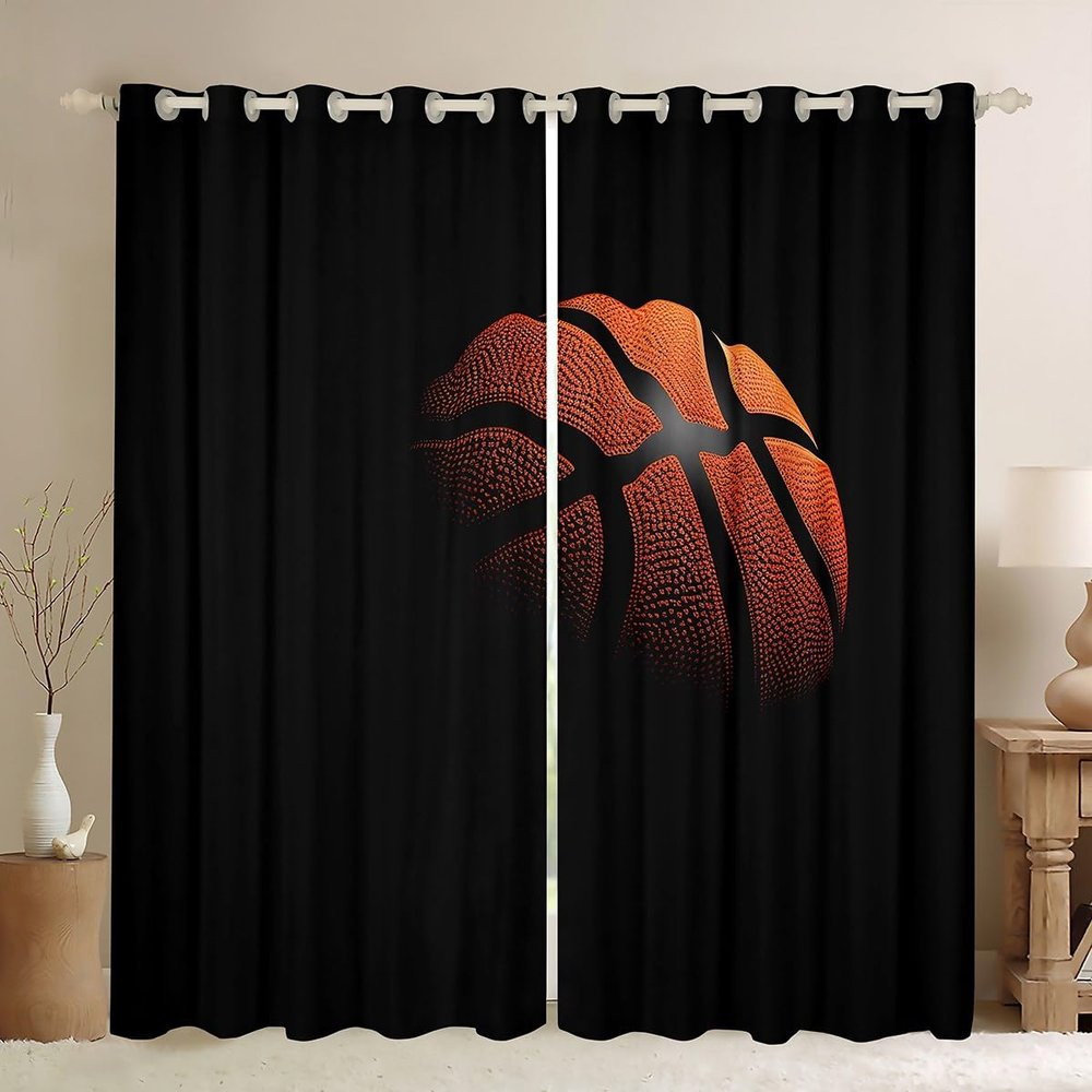 Castle Fairy Basketball Window Curtain Set,3D Sports Game Curtains,3D Basketball Print Window Treatment Curtains,Sports Theme Window Drapes 2 Panel Set for Bedroom Living Room,104Wx84L