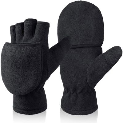 BESSTEVEN Winter Gloves for Women Fingerless Convertible Flip Top Mittens with Thermal Insulation Cotton Warm for Texting Photographing Running Jogging in Cold Weather - Black XS