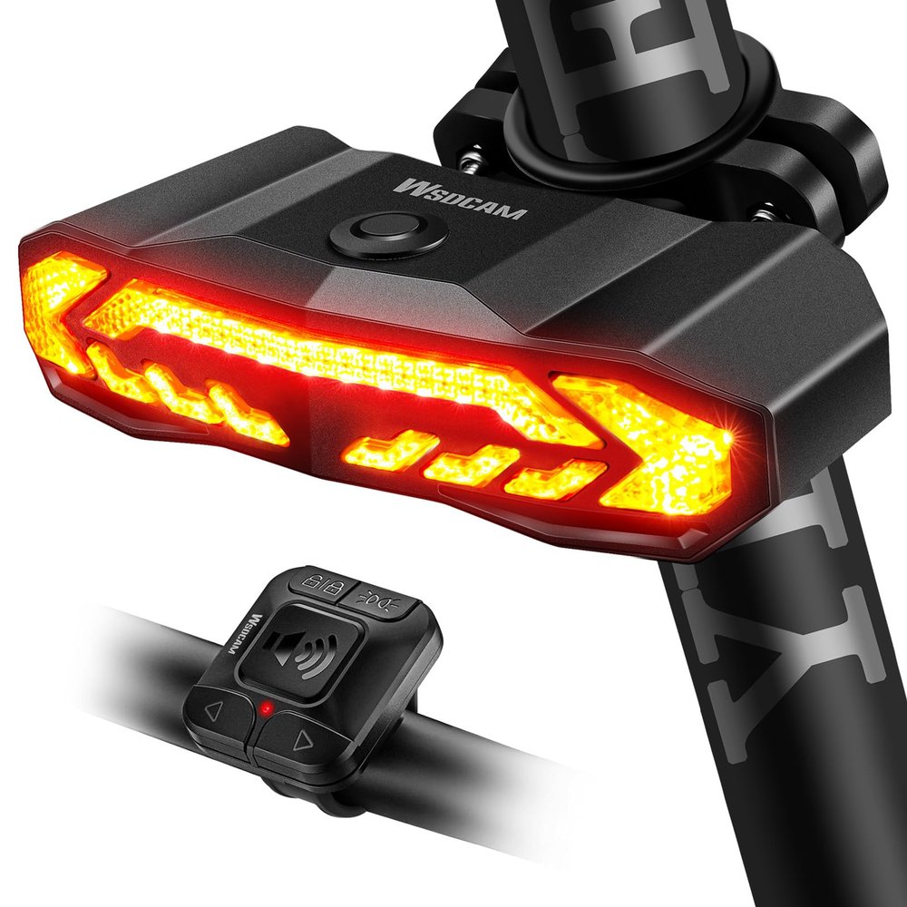 WSDCAM Smart Bike Tail Light with Turn Signals and Rear Brake Light, Bike Alarm Horn with Remote, Auto ON/Off Rechargeable Waterproof
