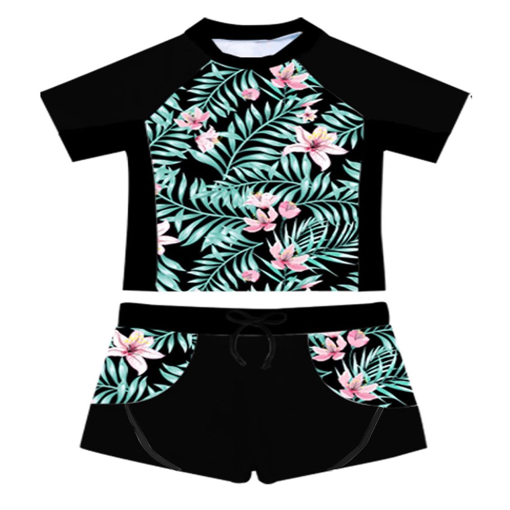 Yartina Kids Girls Rash Guard Swimsuit 2Pcs Sets Floral Print Short Sleeve Shirt with Booty Shorts Tankini Black 10