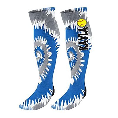 FAN STAR One Pair Adult Personalized Softball Knee High Socks Custom Tie Dyed Softball Socks with Name or Team Name