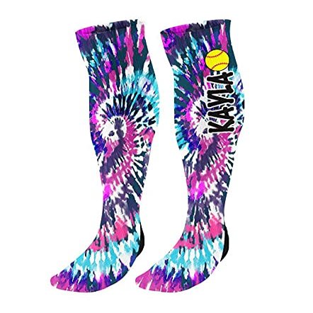 FAN STAR One Pair Personalized Softball Adult Knee High Socks Custom Tie Dyed Softball Socks with Name or Team Name