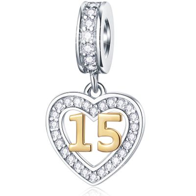 15 Years Old Anniversary Charms fits Pandora Bracelet, 18K Golden Number 15, 925 Sterling Silver Heart Necklace Pendant with CZ, Milestones 15th Birthday Gifts for Godmother/Wife