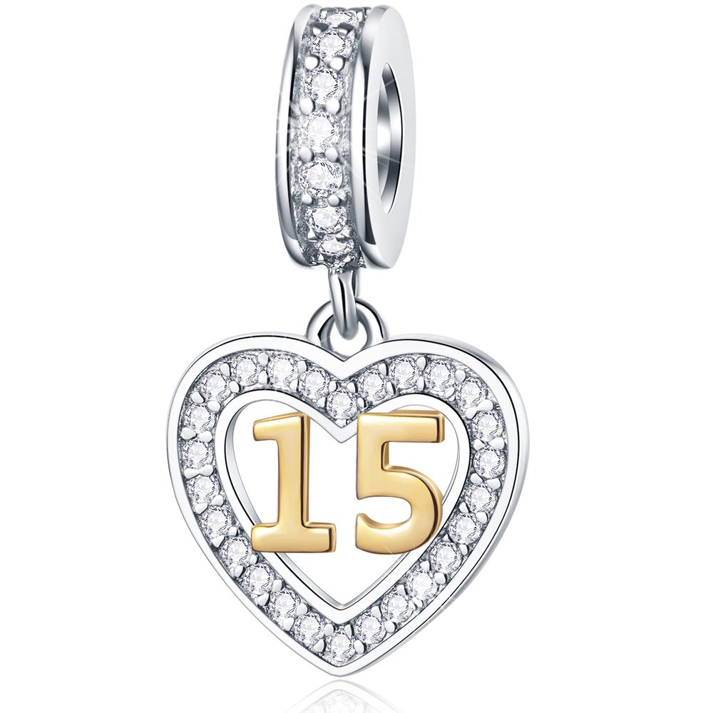 15 Years Old Anniversary Charms fits Pandora Bracelet, 18K Golden Number 15, 925 Sterling Silver Heart Necklace Pendant with CZ, Milestones 15th Birthday Gifts for Godmother/Wife
