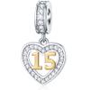 15 Years Old Anniversary Charms fits Pandora Bracelet, 18K Golden Number 15, 925 Sterling Silver Heart Necklace Pendant with CZ, Milestones 15th Birthday Gifts for Godmother/Wife view 1