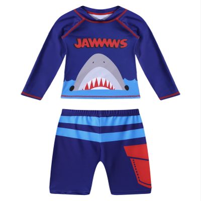 YONGHS Baby Boys Shark Swimsuit Swimwear 2-Piece Outfits Swim Shirt and Trunks Bathing Suit Rash Guard Blue 3-4 Years