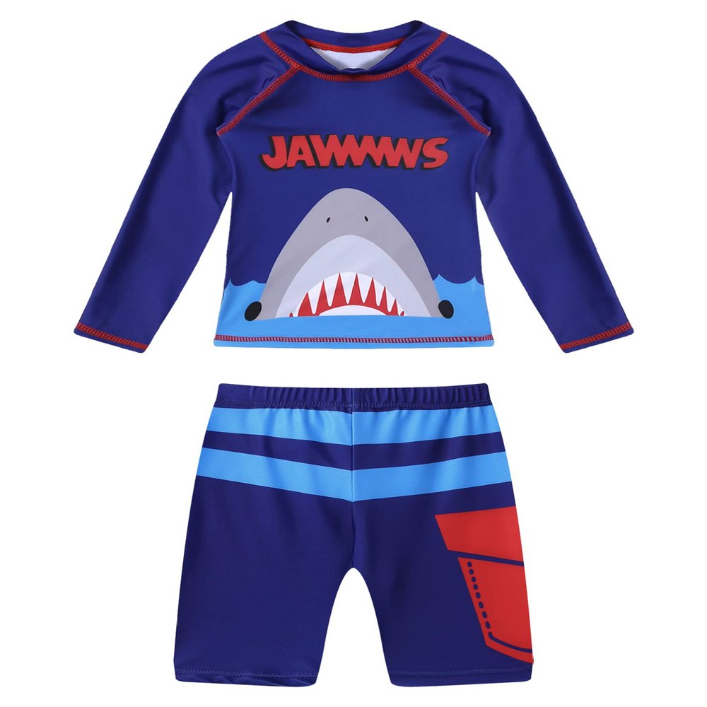 YONGHS Baby Boys Shark Swimsuit Swimwear 2-Piece Outfits Swim Shirt and Trunks Bathing Suit Rash Guard Blue 3-4 Years