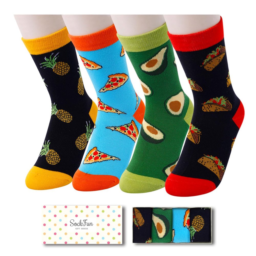 Funny Socks for Boys - Pizza Taco Pineapple Avocado Socks, Kids Gifts 4 Pack, 7-9 Years Old