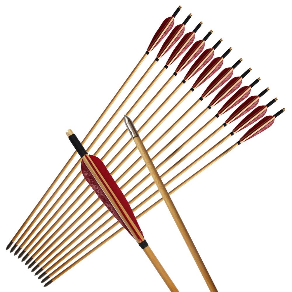 e5e10 33inch Wooden Arrows Handmade Archery Target Arrows with Field Points for Recurve Bow Longbow Hunting Practice with Turkey Feather Fletching 12PACK (Red)