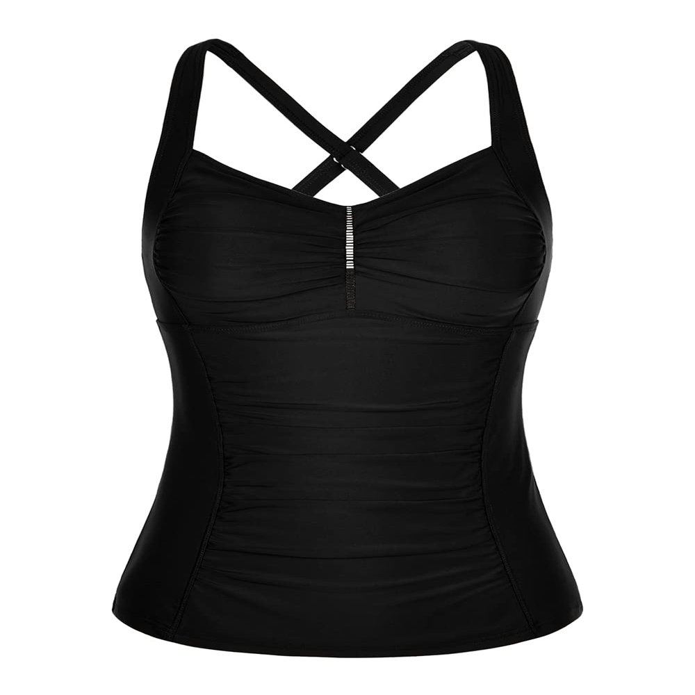 Hilor Women's Tankini Tops Shirred Tummy Control Swimsuits Cross Back Tankini Swimwear Tops Black 8