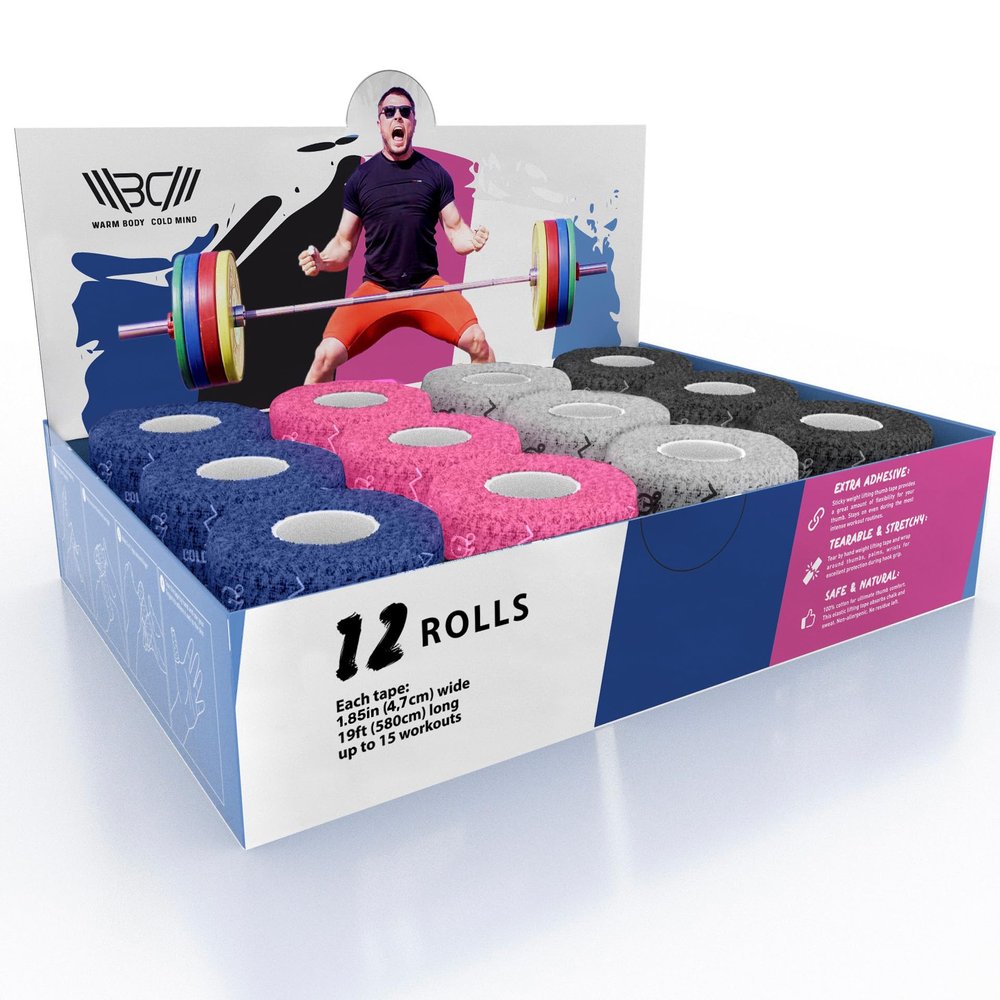 WARM BODY COLD MIND 1.85" Weightlifting Thumb Tape - Hook Grip Tape for Powerlifting, Cross Training, Gym Tape, Workout, Weight Lifting Tape, Athletic Finger Wrap (Mix 12 Rolls)