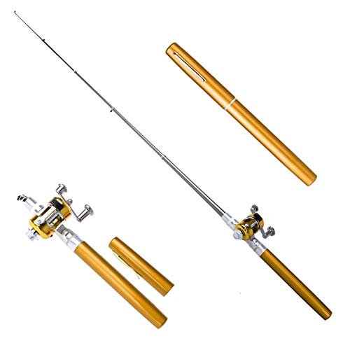 DKEKE Portable Pocket Telescopic Mini Fishing Pole Pen Shape Folded Fishing Rods Lightweight Reel Wheel Rod Fish Tackle DKEKE (Color : Gold)