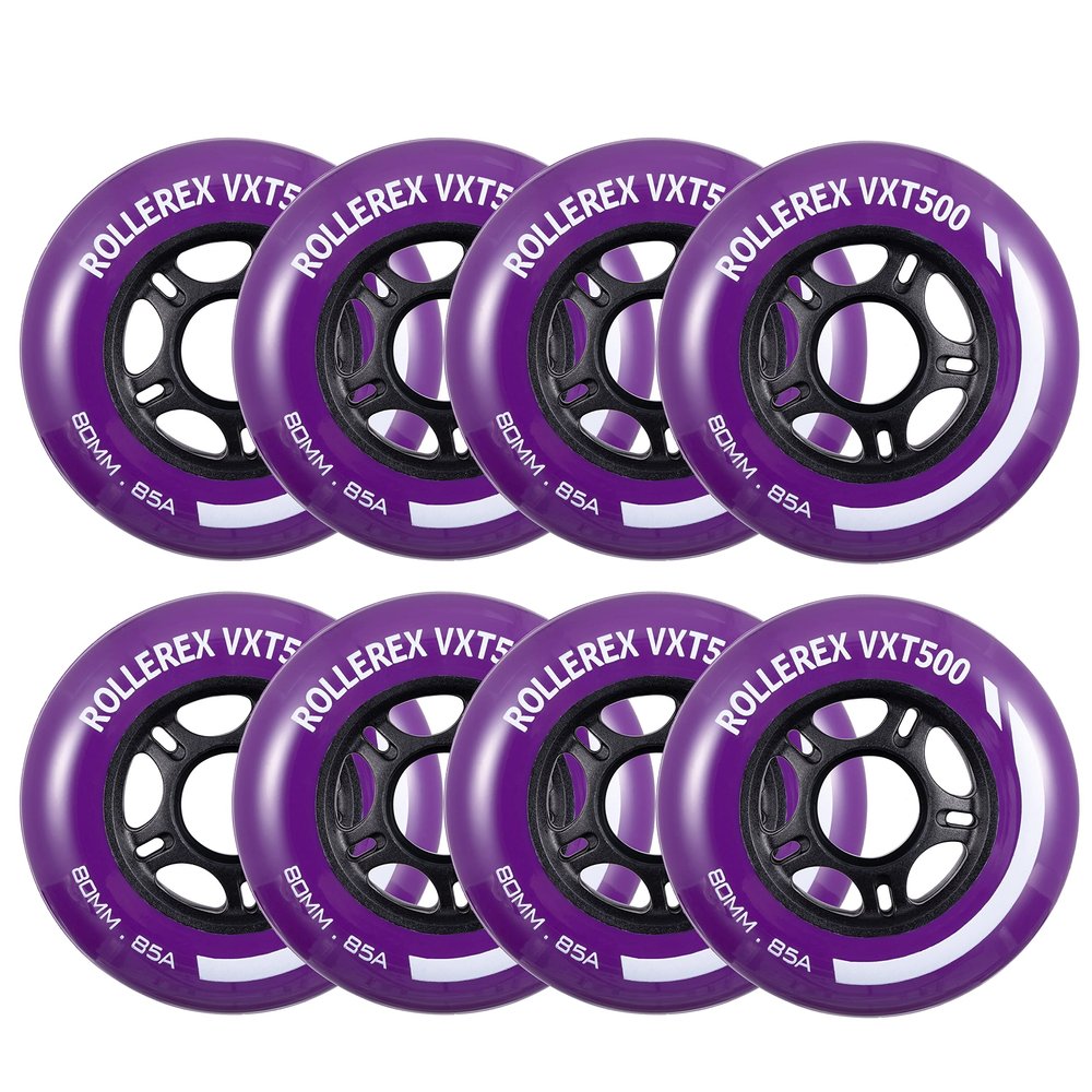 Rollerex VXT500 Inline Skate Wheels 8-Pack - 85A Durable Roller Blade Wheels for Indoor & Outdoor Skating - Fits Standard 608 Bearings (Royal Purple, 76mm)
