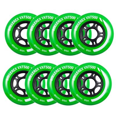 Rollerex VXT500 Inline Skate Wheels 8-Pack - 85A Durable Roller Blade Wheels for Indoor & Outdoor Skating - Fits Standard 608 Bearings (Turf Green, 76mm)