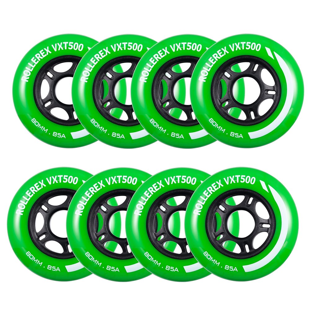 Rollerex VXT500 Inline Skate Wheels 8-Pack - 85A Durable Roller Blade Wheels for Indoor & Outdoor Skating - Fits Standard 608 Bearings (Turf Green, 76mm)