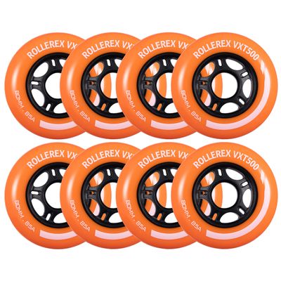 Rollerex VXT500 Inline Skate Wheels 8-Pack - 85A Durable Roller Blade Wheels for Indoor & Outdoor Skating - Fits Standard 608 Bearings (Sunrise Orange, 76mm)