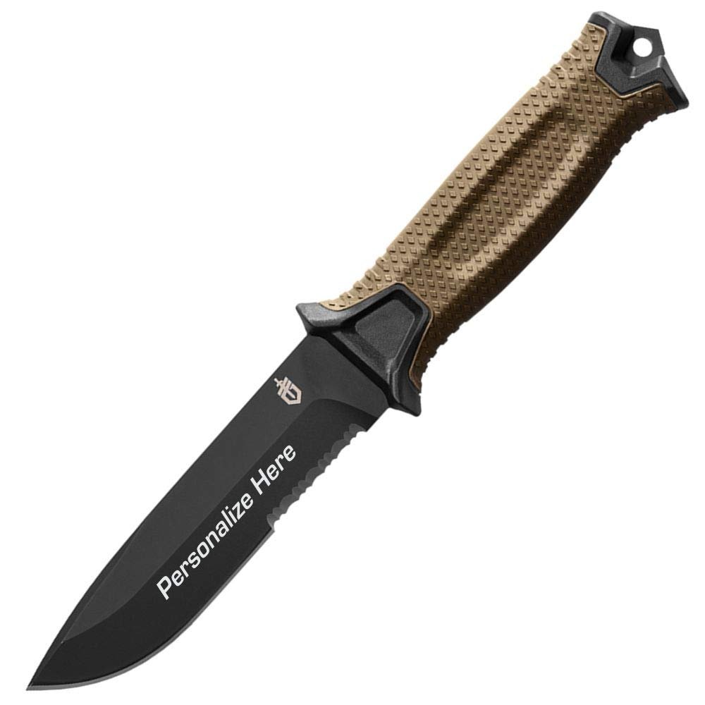 Custom Engraved Gerber Strongarm Coyote Brown Serrated Edge Fixed Blade Knife