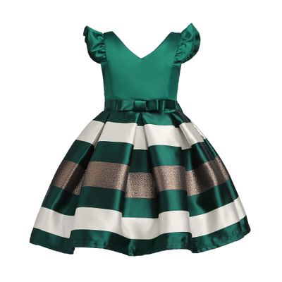 AIMJCHLD Elegant Girls Kids Sleeveless Ruffles Striped Ball Gown Wedding Party Bridesmaid Bowknot Summer Flower Dress 2T 3T(Green, 100)