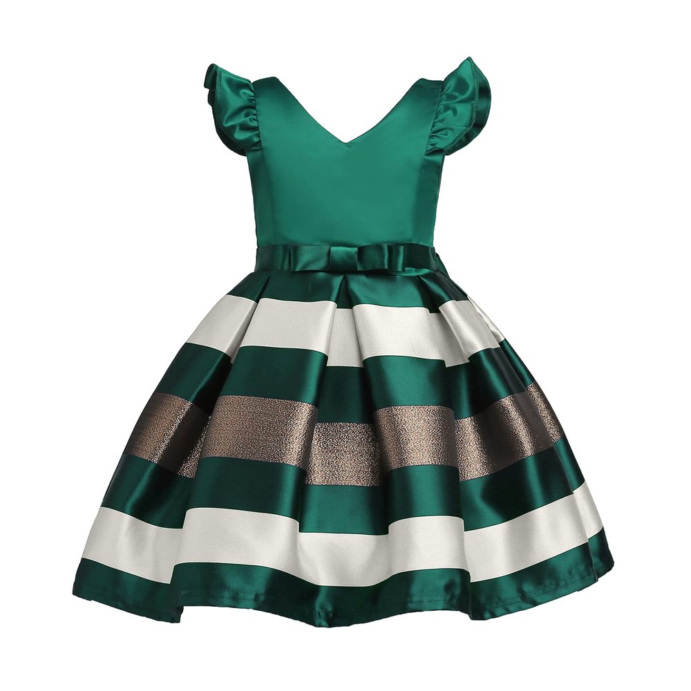 AIMJCHLD Elegant Girls Kids Sleeveless Ruffles Striped Ball Gown Wedding Party Bridesmaid Bowknot Summer Flower Dress 2T 3T(Green, 100)