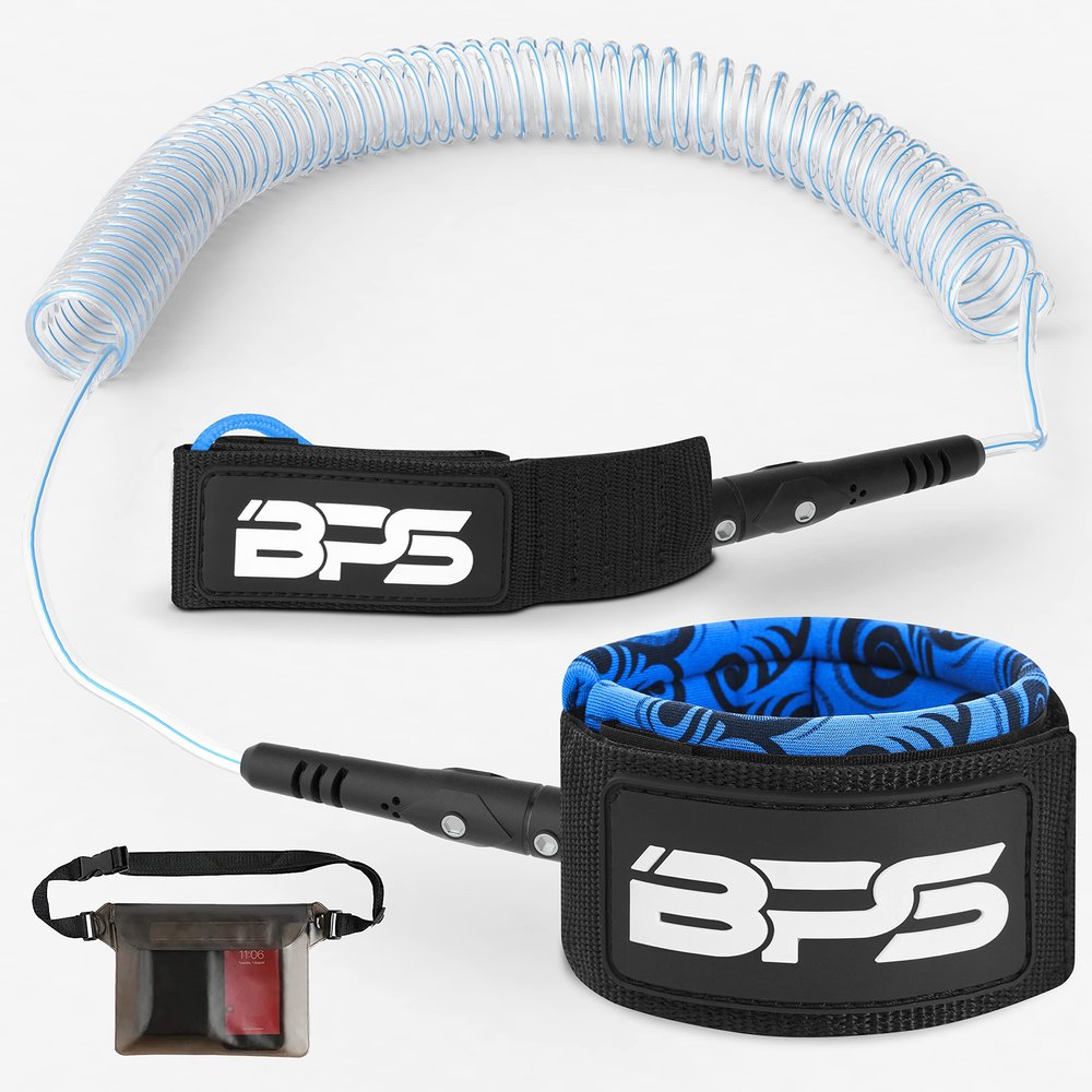 BPS 'Storm' Premium Coiled SUP Paddle Board Leash with Waterproof Waist Bag - 10 Foot Surfboard Leash with Triple Rail Savers and Double Stainless Steel Swivels (Koru Light Blue)