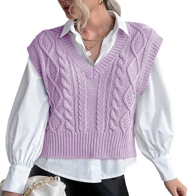 Knit Sleeveless Vest for Women V Neck Tank Tops Sweater Vest Ribbed Preppy Pullover Tops Purple M