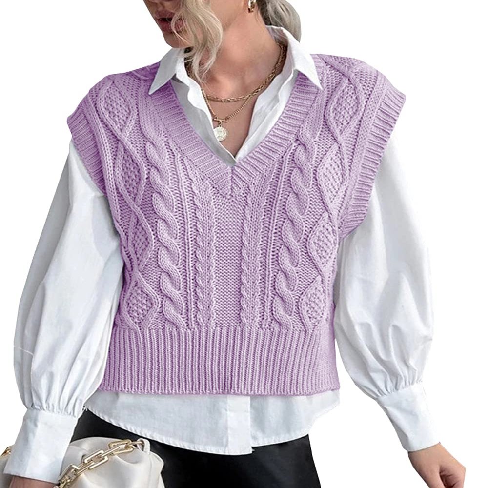 Knit Sleeveless Vest for Women V Neck Tank Tops Sweater Vest Ribbed Preppy Pullover Tops Purple M
