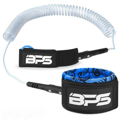 BPS 'Storm' Premium Coiled SUP Leash - 10ft Leash with Triple Rail Savers and Double Swivels (Koru Light Blue)
