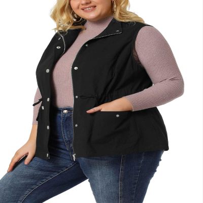 Agnes Orinda Women's Plus Size Utility Vest Stand Collar Cargo Pocket Drawstring Waist Sleeveless Jacket 1X Black