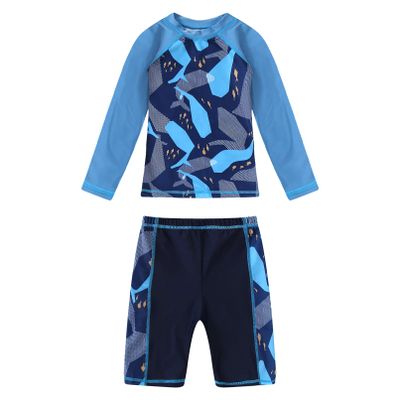 Moily Kids Boys 2PCS Shark Swimsuit UPF 50+ Rash Guard Swimwear Long Sleeves Shirts Top with Shorts Set Navy Blue Shark 5-6 Years