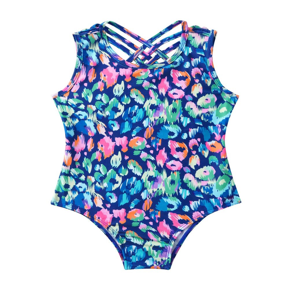 Hansber Kids Girls One Piece Tankini Swimsuit Bohemian Printed Swimwear Spaghetti Straps Tanks Bathing Suit Leopard A 14