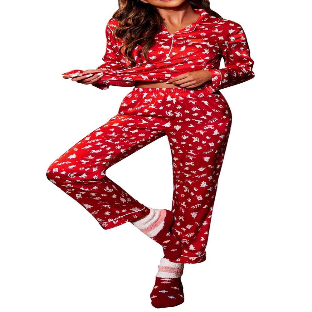 Ekouaer Christmas Pajamas for Women Silk Satin Holiday Button Down Pj Set Soft Long Sleeve Sleepwear for New Yearr Christmas Red Print,XL