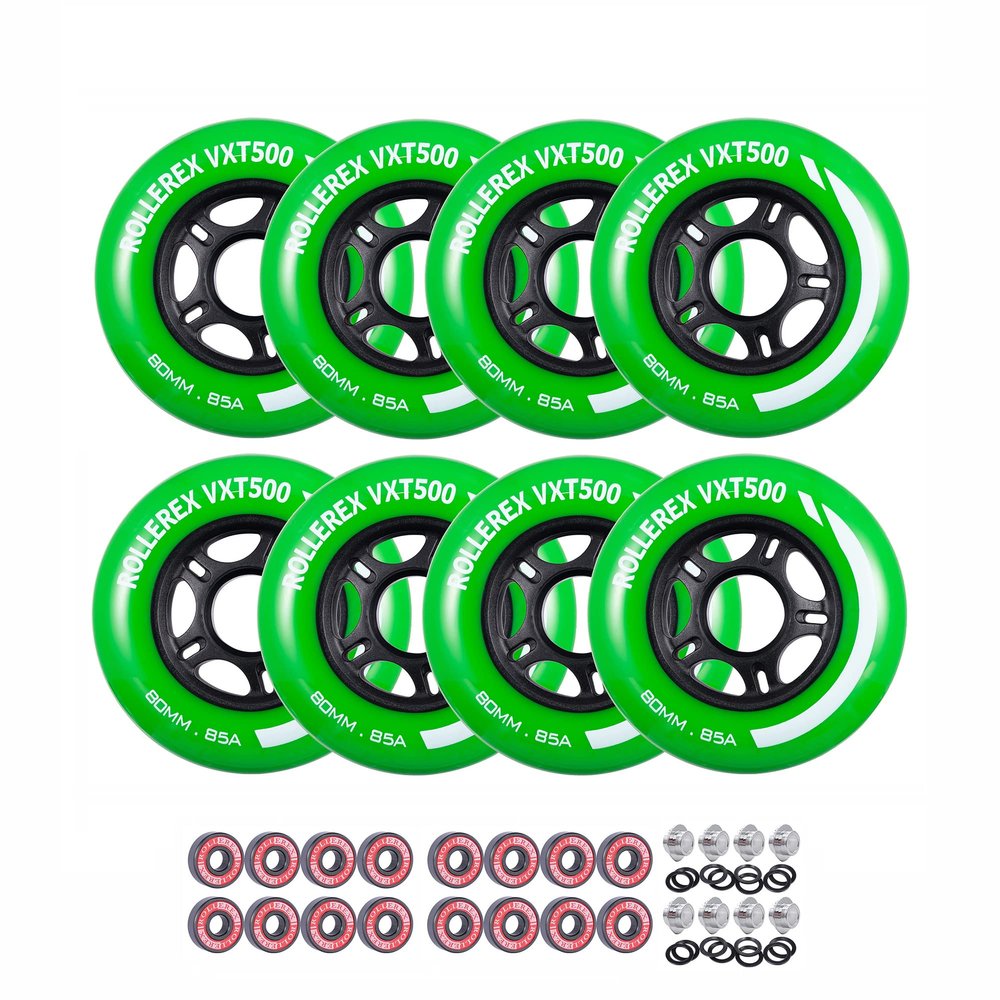 Rollerex VXT500 Inline Skate Wheels 8-Pack with Bearings, Spacers and Washers - Durable Replacement Roller Blade Wheels for Indoor & Outdoor Skating (76mm, Turf Green)