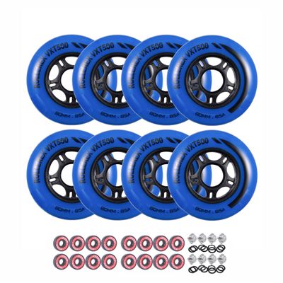 Rollerex VXT500 Inline Skate Wheels 8-Pack with Bearings, Spacers and Washers - Durable Replacement Roller Blade Wheels for Indoor & Outdoor Skating (76mm, Deep Sea Blue)