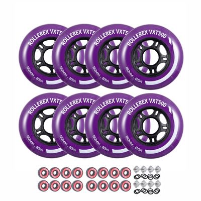 Rollerex VXT500 Inline Skate Wheels 8-Pack with Bearings, Spacers and Washers - Durable Replacement Roller Blade Wheels for Indoor & Outdoor Skating (76mm, Royal Purple)