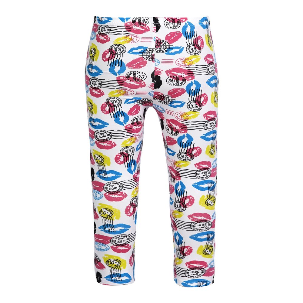 FEESHOW Kids Girls Cotton Yoga Leggings Elastic Waistband Pattern Print Athletic Pants for Workout Fitness Dance Colorful Lips 5-6 Years