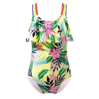 YONGHS Kids Girls Cute Swimsuit Floral Bikini Romper Strapped Ruffle Swimwear One Piece Bathing Suit Yellow 6 Years