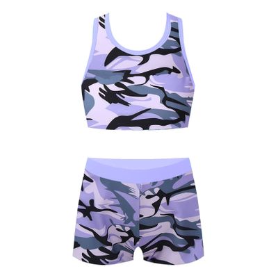 Choomomo Kids Girls Two Pieces Dance Outfit Criss Cross Back Crop Top with Booty Shorts Swimwear Purple#2 16 Years