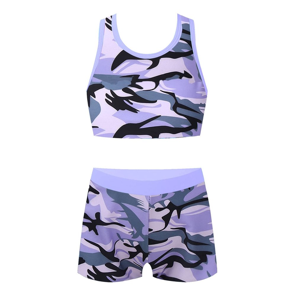 Choomomo Kids Girls Two Pieces Dance Outfit Criss Cross Back Crop Top with Booty Shorts Swimwear Purple#2 16 Years