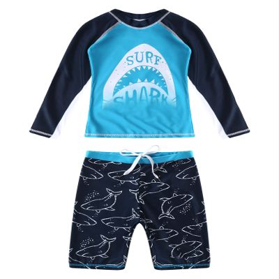 Hansber Kids Boys Rash Guard 2 Pieces Swimsuits Kids Long Sleeve UV Sun Protection Bathing Suit Swimwear Sky Blue Shark 8-9 Years
