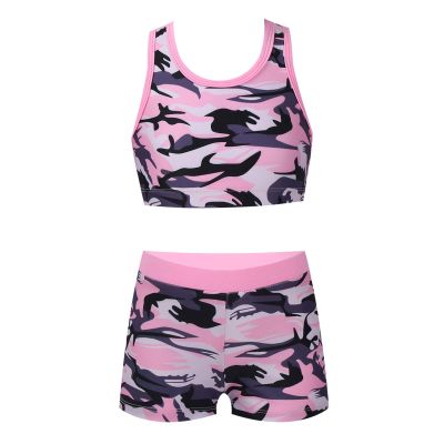 Choomomo Kids Girls Two Pieces Dance Outfit Criss Cross Back Crop Top with Booty Shorts Swimwear Pink 14 Years
