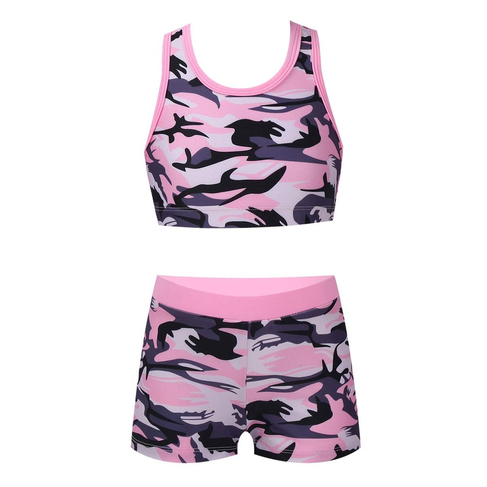 Choomomo Kids Girls Two Pieces Dance Outfit Criss Cross Back Crop Top with Booty Shorts Swimwear Pink 14 Years