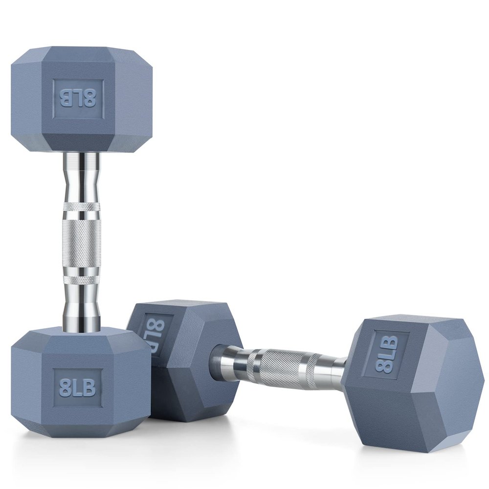 Portzon 8 Colors Options Compatible with Set of 2 Rubber Dumbbell,Anti-Slip, Anti-roll, Hex Shape,Gray,08-Pound, Pair