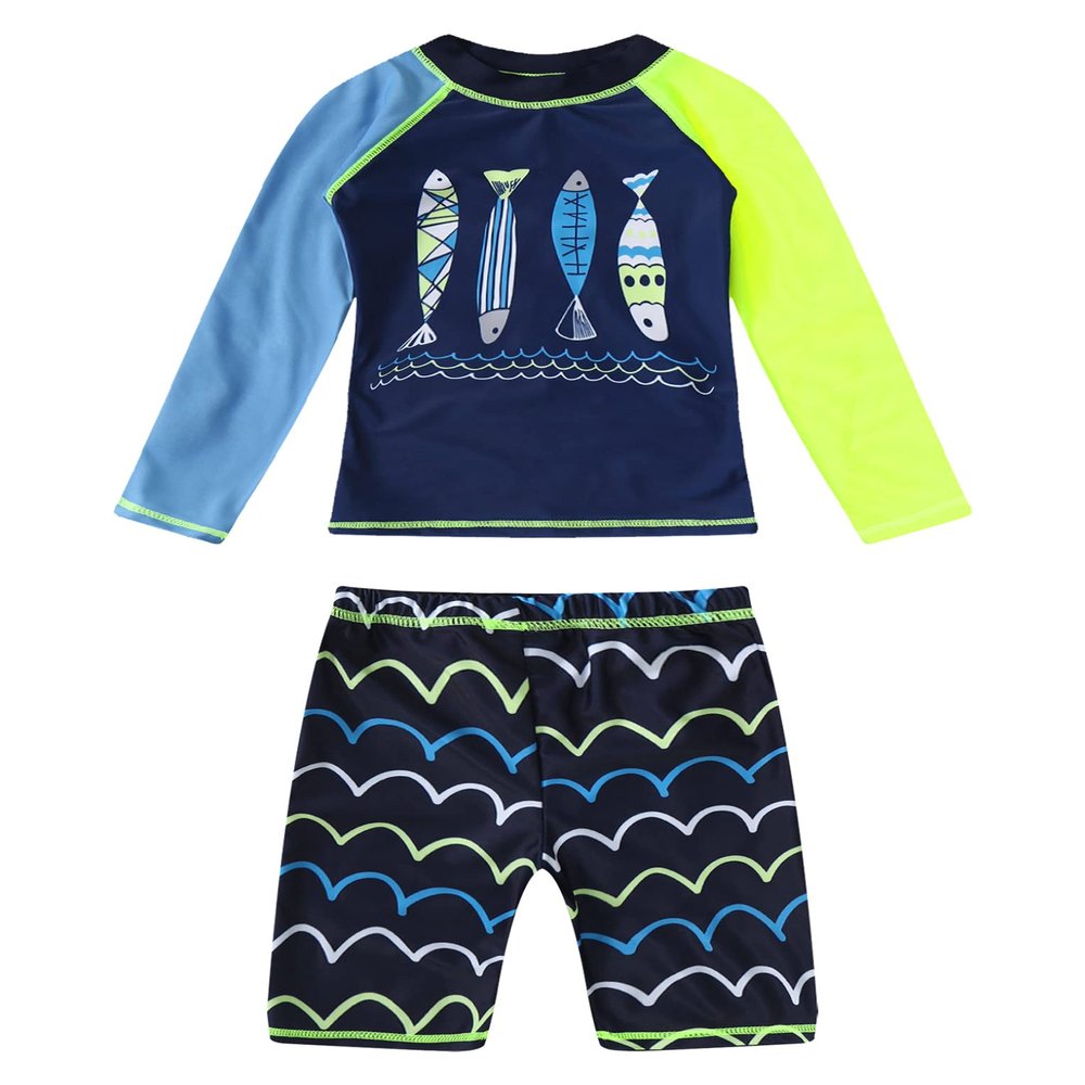 Hansber Kids Boys Rash Guard 2 Pieces Swimsuits Kids Long Sleeve UV Sun Protection Bathing Suit Swimwear Navy Blue Fish 6-8 Years