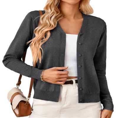 GRACE KARIN Women's 2024 Long Sleeve Cardigan Sweater V Neck Button Up Open Front Knit Outerwear Black Grey XS
